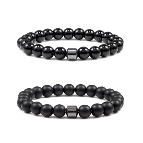 Image of FJDRSIG 2 Pcs Mens Beaded Bracelet,Black Bead Bracelet Men,Natural Stone Beaded Bracelets for Men,Adjustable Bead Bracelets Mens,for Daily Hand Accessories Gifts Father Boyfriend Brother(Black)