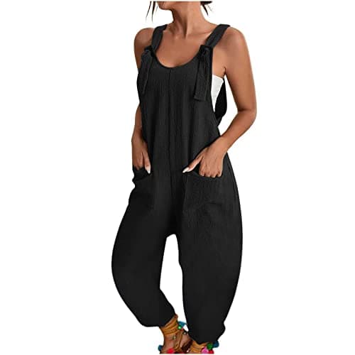 Image of HOOUDO Women's Jumpsuits & Playsuits Linen Dungarees for Women UK Summer Casual Sleeveless Rompers Loose Adjustable Strappy Short Overalls Jumpsuits with Pockets My Orders UK 2024
