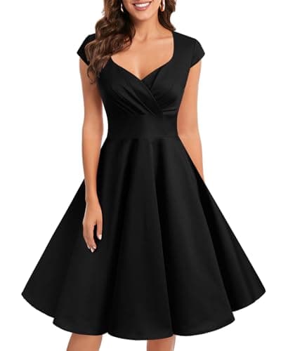 Image of bbonlinedress Women's 50s 60s A Line Rockabilly Dress Cap Sleeve Vintage Swing Party Dress Black S