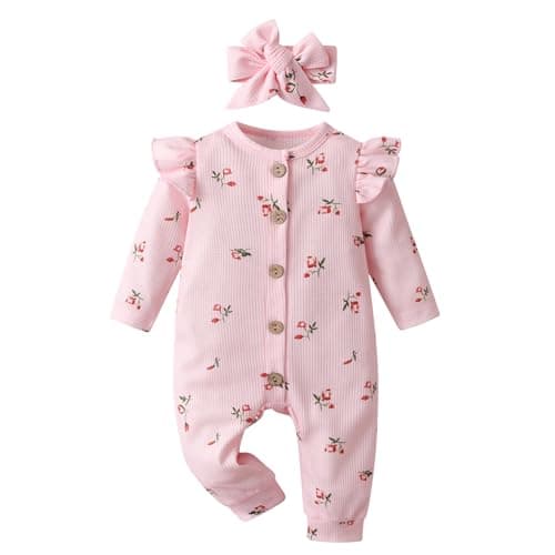 Image of Joureker Newborn Baby Girl Clothes Long Sleeve Ruffle Romper Bodysuit Floral Print Onesie Outfit Set, Pink, 3-6 Months