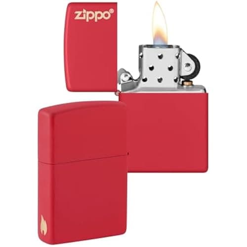 Image of Zippo Windproof Lighter - Logo & Flame Design - Red Matte - Refillable - Reusable - Windproof - Gift Box - Metal - Made in USA - Amazon Exclusive