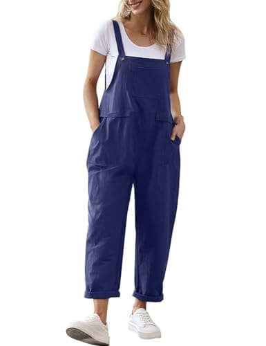 Image of YESNO Women's Dungarees Loose Casual Plus Size Lightweight Sleeveless Overall Long Jumpsuit Playsuit Trousers Pants Dungarees (XL PV9UK Navy)