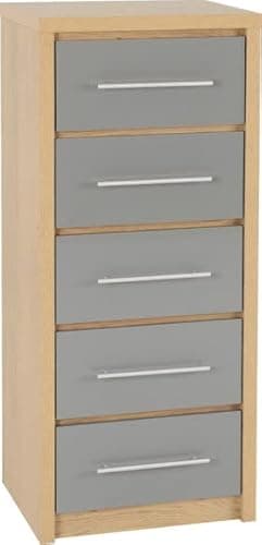 Image of Seville 5 Drawer Narrow Chest Of Drawers Storage Unit (Grey High Gloss/Light Oak Effect Veneer)