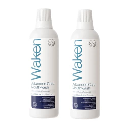 Image of Waken Advanced Care Mouthwash, Alcohol Free with Natural Mint Extracts, 6-in-1 Protection, Vegan, Fluoride Mouthwash for Clean Teeth, No Artificial Colours or Dyes, 500ml Pack of 2