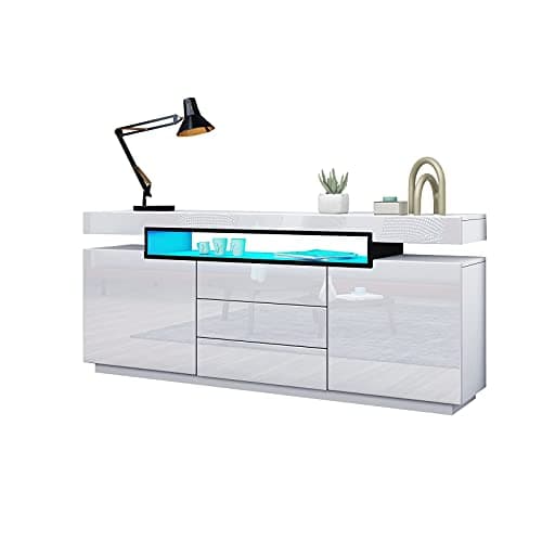 Image of AWOOOD White Sideboard Cabinet Cupboard Matt Body & High Gloss TV Stand Unit LED Light with 2 Doors 3 Drawers 160cm for Living Room Dining Room