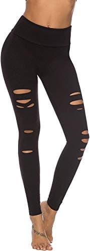 Image of JFAN Womens Leggings High Waist Cutout Ripped Yoga Pants Tummy Control Workout Fitness Running Skinny Trousers Black,S