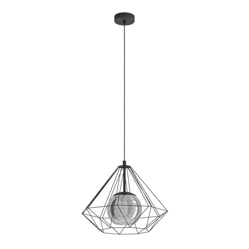 Image of EGLO Vernham Pendant Light, 1-Bulb Pendant Lamp, Vintage, Industrial, Retro, Pendant Light Made of Steel and Smoked Glass, Black, Dining Table Lamp Hanging with E27 Socket, Diameter 44.5 cm