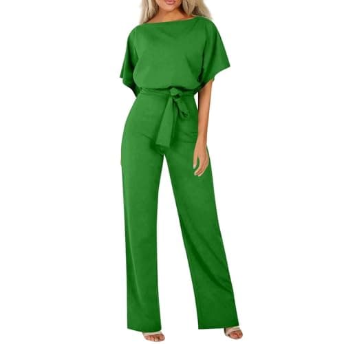 Image of Loose Dungarees for Women Uk Elegant Jumpsuit Dressy Summer Short Sleeve Playsuit Plain Casual Comfy One Piece Trosuer Rompers Dungarees Fashion Belted Wide Leg Trouser Suits for Formal Wedding Party