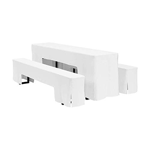 Image of Trimming Shop 3 Piece White Polyester Beer Table and Bench Cover L Trestle Dining Table and Bench Slipcover Set Home Garden Bar BBQ Hotel Restaurant Wedding