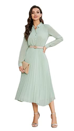 Image of AbleTree Business Casual Shirt Dress for Women Long Sleeves Pleated Midi Dresses with Belt, Mint Green, Medium