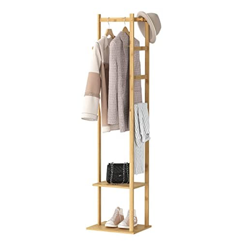 Image of unho Bamboo Clothes Rack, Corner Coat Rack Stand Hall Trees Freestanding Clothes Hanging Rail Clothes Rack with 2 Shelves 3 Hanger Hooks and Pants Hanger for Entrance Bedroom Living Room