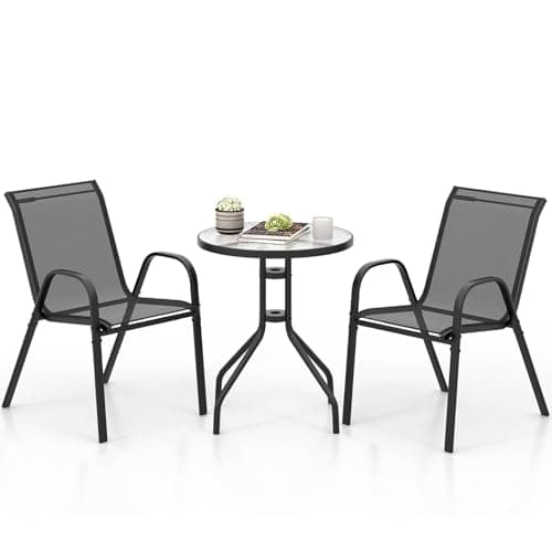 Image of COSTWAY 3 Piece Patio Bistro Set, Garden Furniture Set with Glass Side Table and 2 Stackable Chairs, Outdoor Dining Table and Chairs Set for Balcony Backyard Poolside (Black)