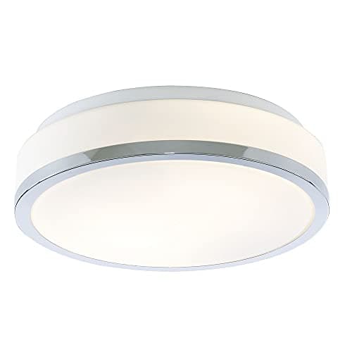 Image of Britalia Polished Chrome Trim & Opal Glass Shade Bathroom Modern Round Flush Ceiling Light 290mm | 2 x E27 ES Lamp Bulbs Required (Not Included) | IP44 Rated | Suitable for Outdoor Use