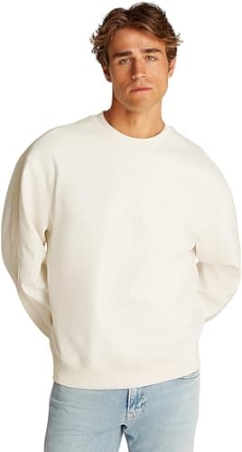 Image of Calvin Klein Men’s Crew Neck Logo Tape Relaxed Fit Sweatshirt, Beige (Tofu), XXS