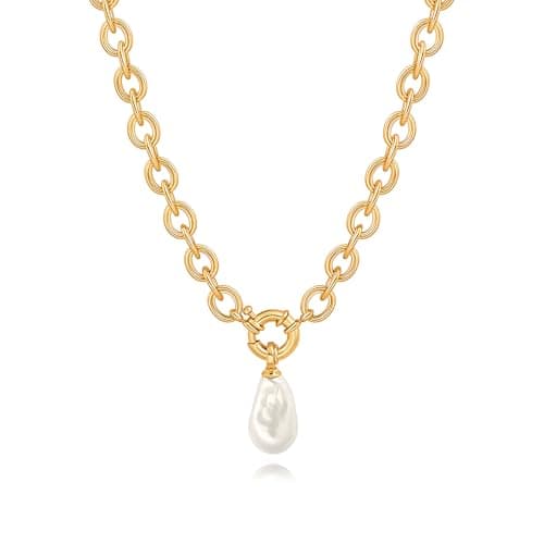Image of KOOUNUATA Dainty 18K Gold Chunky Link Oval Chain Baroque Pearl Necklace for Women Sailor Clasp Necklace Layering Jewelry