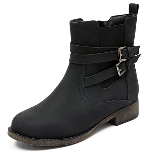 Image of Ataiwee Women's Ankle Boots - Classic Side Zip, Comfortable Platform, Cover with Buckle Strap, Round Toe, Low Chunky Heel Comfort Slip On Fashion Black Boots.(PU,7.5 UK)