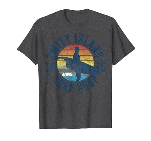 Image of Jaws Amity Island Surf Shop 1975 Retro Logo T-Shirt, Men, Dark Heather Grey, Large