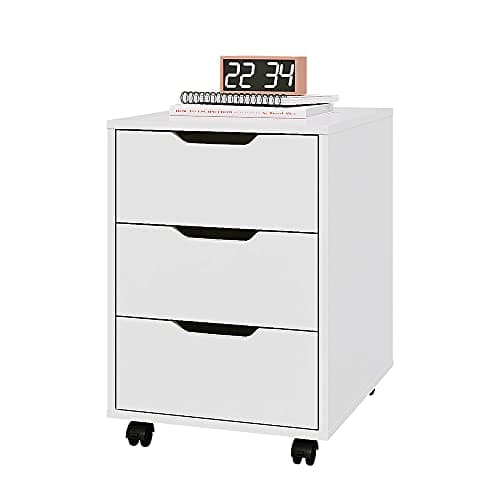 Image of Panana 3 Drawers Office Mobile File Cabinet, Wooden Storage Unit with Caster Wheels Small Filing Cabinet Under Desk Drawer Storage Drawers on Wheels (White)