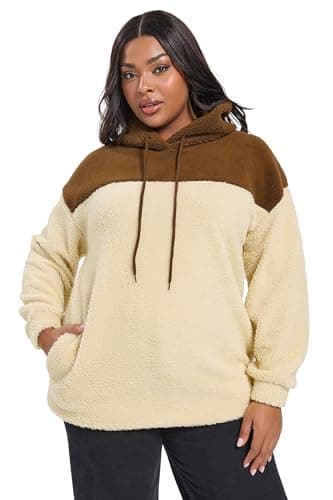 Image of Yours Curve Natural Brown Colourblock Teddy Fleece Hoodie - Women's - Plus Size Curve