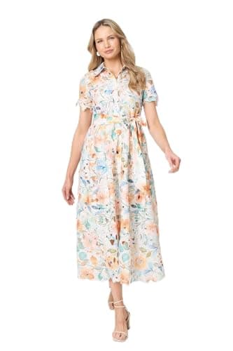 Image of Izabel London Floral Cut Out Tie Waist Midi Shirt Dress for Women UK with a Collar and Short Sleeves. Orange