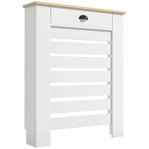 Image of HOMCOM Radiator Cover with Drawer, Horizontal Slatted Grill, White Painted MDF Wood Cabinet Shelf Heating Cover for Living Room Bedroom Hallway, Small (H: 95.5 / W: 78 / D: 19 cm)