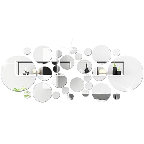 Image of 32 Pcs Round Mirror Wall Stickers - Self Adhesive 3D Acrylic Circle Decal for Living Room, Kitchen, Bedroom and Office Decor Art