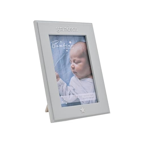 Image of Bambino Resin Photo Frame – “Grandson” 4" x 6" Baby Picture Frame | Freestanding Keepsake Gift for Baby Shower, Christening, Baptism, Newborn, Baby Boy or Girl | Classic Nursery Decor Shelf or Mantel