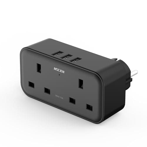 Image of UK to European Plug Adapter with 3 USB, Travel Adapter Plug UK to EU Europe, Black Type E/F Plug Adaptor with Dual 2 Pin Socket, Euro Schuko Grounded Charger for Germany France Spain Turkey Greece