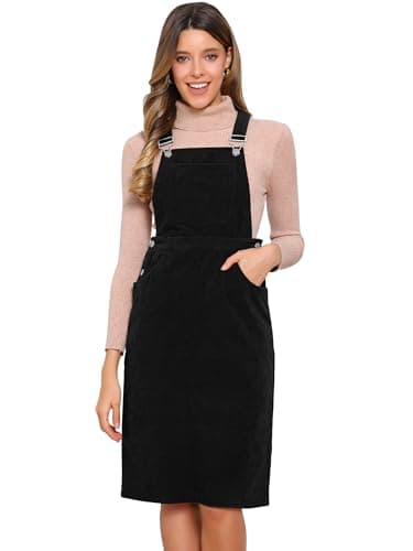 Image of Allegra K Corduroy Overall Dress for Women Midi Length Adjustable Straps Pockets Square Neck Casual Pinafore Dress Black L