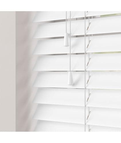 Image of White Gloss 50mm Faux Wood Venetian Blinds With Strings 120cm Drop 100cm Wide