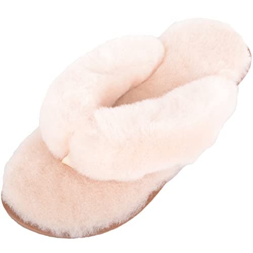 Image of SNUGRUGS Womens Genuine Full Sheepskin Slip On Toe Post Flip Flop Slider Slippers - Apricot - UK 5