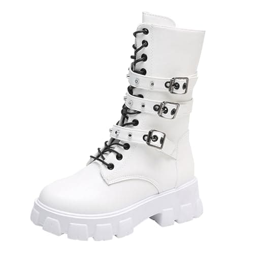 Image of FGUUTYM Women's Cowboy Boots Chunky Mid Heel Western Boots Stud Sole Boots Ankle Boots Lace-Up Ankle Boots Lace-Up Boots Leather Renaissance Slip On Boots Transition Boots, White, 7 UK