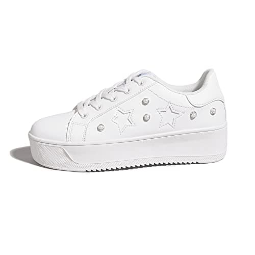 Image of BELOS Fashion Platform Women Sneakers Faux Suede Stars Holographic Rainbow Walking Shoes, White Star, 8 UK