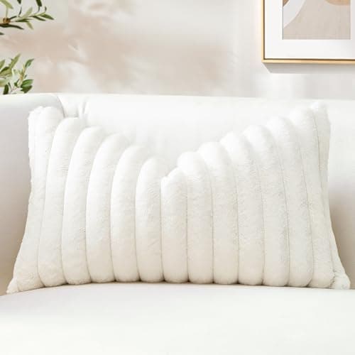 Image of Sungeek Set of 1 White Faux Rabbit Fur Cushion Cover 30x50 cm, Soft Cozy Plush Striped Decorative Throw Pillow Covers 12x20 Inch Velvet Lumbar Pillowcases for Sofa Bedroom