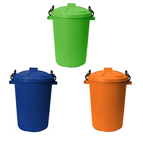 Image of M1SS (Set of 3 50 Litre Blue, Orange and Lime Green Heavy Duty Plastic Clip Lock Lid Bin Indoor or Outdoor Rubbish, Trash Can, Dustbin Waste or Storage of Animal Feed.