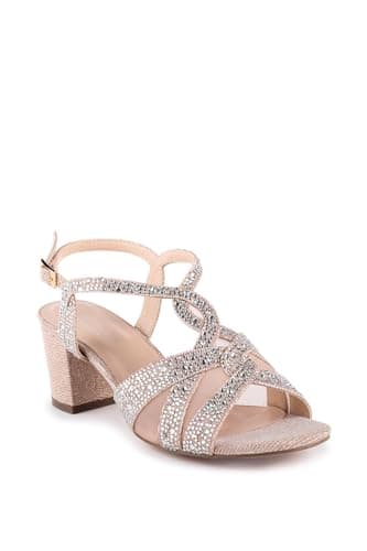 Image of Paradox London Nadia Wide Fit Block Heel Sandals, Silver Glitter Mesh with Diamante, 5.5cm Heel (Champagne, UK Footwear Size System, Adult, Women, Numeric, Wide, 7)