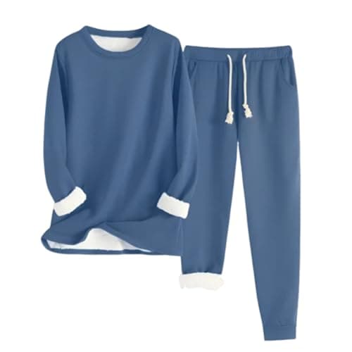 Image of Lounge Wear Sets for Women UK Fluffy Pajama Set Warm Two Piece Outfit Thick Loungewear Wool Lining Sweater and Trousers Loose Lounge Wear Co Ord Sets Solid Color Homewear Ladies Travel Set Navy Blue