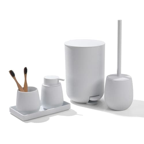 Image of AJEUNGAIN 5 Pieces White Bathroom Accessories Set, Modern Bathroom Sets Organizer include Bathroom Bin and Toilet Brush Set, Soap Dispenser and Toothbrush Holder Set, Vanity Tray (White)