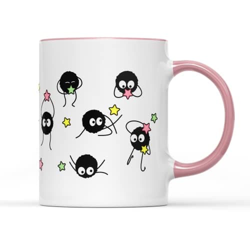 Image of SmartyPants Soot Sprites Wrap Coffee Cup Mug Anime Manga Film Studio Susuwatari Neighbor Spirits Present Gift Heavy Duty Ceramic Handle Coated Dishwasher Microwave Safe (Pink Handle Prime)