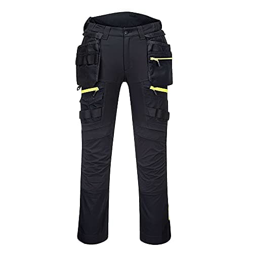 Image of Portwest DX4 DX440 Mens Work Trousers Detachable Holster Pocket Cargo Stretch Fabric Kneepad Pocket Triple Stitched Reflective Workwear Construction Builders Tradesman, Black, 36