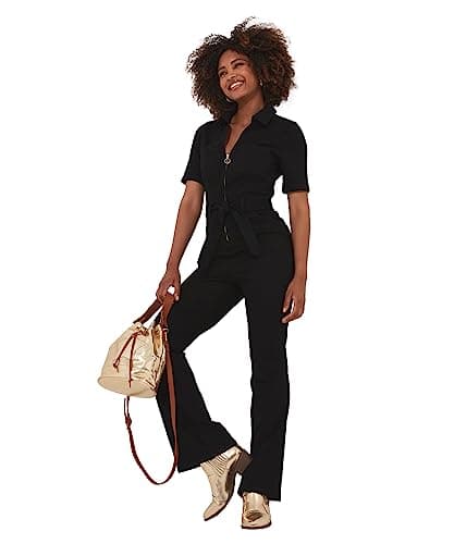 Image of Joe Browns Women's Zip Front Sustainable Stretch Denim Straight Leg Jumpsuit, Black, 14