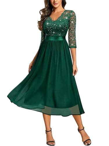 Image of MIUSOL Women's Retro V-Neck 3/4 Sleeves Sequin Lace Formal Business Cocktail Party Dress (XX-Large, Dark Green)