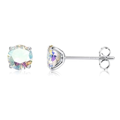 Image of MILACOLATO 925 Sterling Silver CZ Stud Earrings For Women Men, Long Post Cubic Zirconia Aurora Rainbow Stud Earrings, Silver Plated Tiny CZ Sleeper Earring Stud Hypoallergenic AB