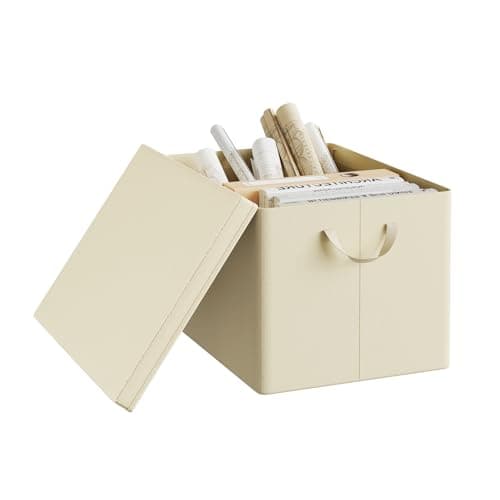 Image of WOLTU Storage Box Set of 1, Fabric Storage Basket with Removable Lid, Folding Storage Organiser with Handle, Cream, 48 x 36 x 30 cm, ABB04cm-1-UK