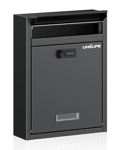 Image of Uniclife Wall Mount Mailbox for Outside, Large Locking Mailbox with Combination Lock, Security Mail Box for House, Safe Key Drop Box, Post Box, Steel Cash Drop Box for Home Office School, Black