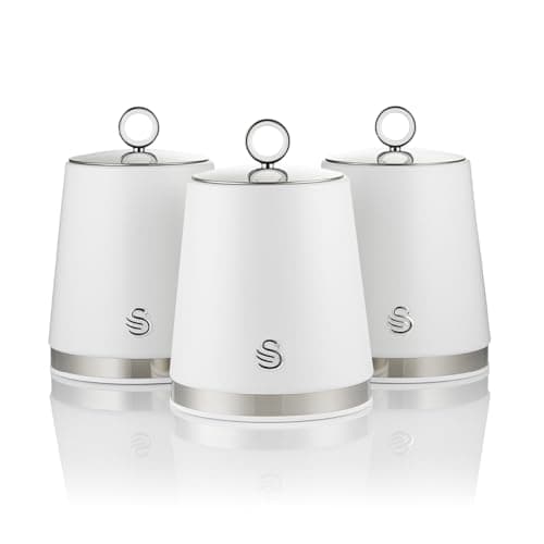 Image of Swan Serenity Set of 3 Kitchen Storage Canisters for Tea, Coffee, and Sugar with Smooth Matte Finish and Stainless Steel Accents, 1.3L, White