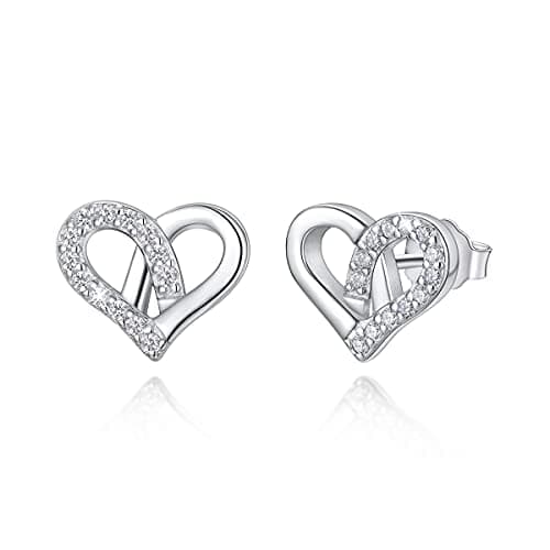 Image of PEARLOVE 925 Sterling Silver Stud Earrings, Girls Heart Earrings Cubic Zirconia Hypoallergenic Stud Earrings for Sensitive Ears