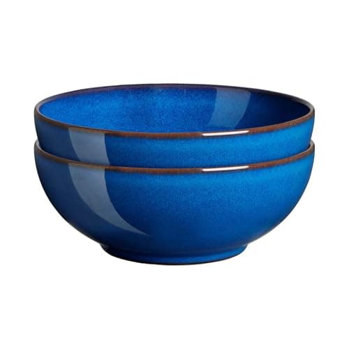 Image of Denby - Imperial Blue Cereal Bowls Set of 2 - Dishwasher Microwave Safe Crockery 820ml 17cm - Royal Blue Ceramic Stoneware Tableware - Chip & Crack Resistant Coupe Soup Bowls