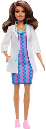 Image of Barbie Careers Doctor Fashion Doll Wearing Removable Look with White Coat, Dress & Shoes, Plus Stethoscope Accessory, JKF76