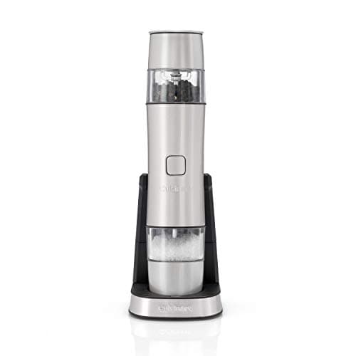 Image of Cuisinart Electric Salt and Pepper Grinder Set Rechargeable Seasoning Mill No Batteries needed, 20 min charging Measuring cap Adjustable Grind settings 3 year guarantee Frosted Pearl